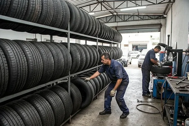 Diversos tipos de pneus expostos em Ubá.