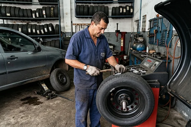 Profissional balanceando rodas em Ubá.